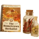 homegrown herbalist book and jars with herbs in them