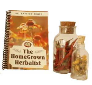 homegrown herbalist book and jars with herbs in them